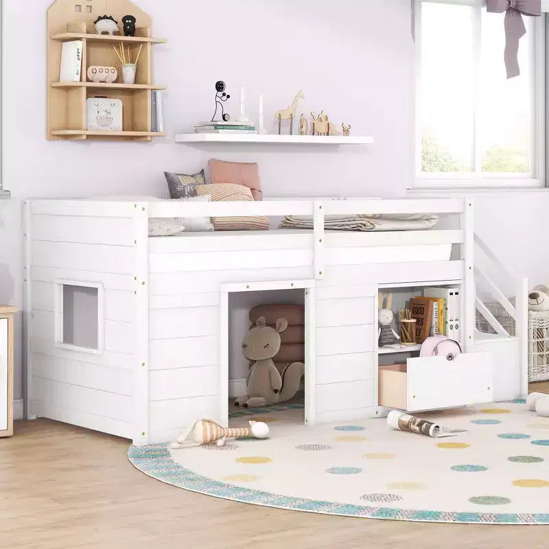 94.6L x 42.3W Solid Wood Twin Size Low Loft Bed With Stair, Drawer And Shelf, Modern & Clean Design