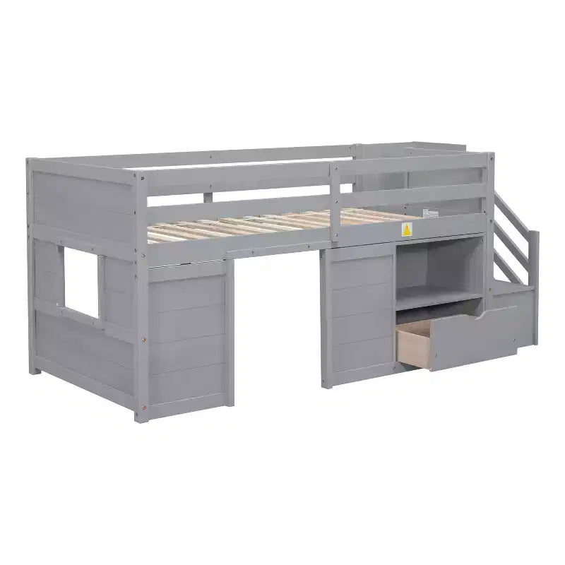94.6L x 42.3W Solid Wood Twin Size Low Loft Bed With Stair, Drawer And Shelf, Modern & Clean Design