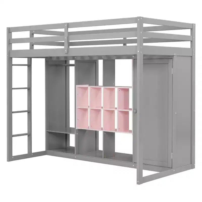 Kids Loft Bed with Wardrobe and Shelves, Wooden Loft Bed Frame with Storage Cabinet for Kids Teens
