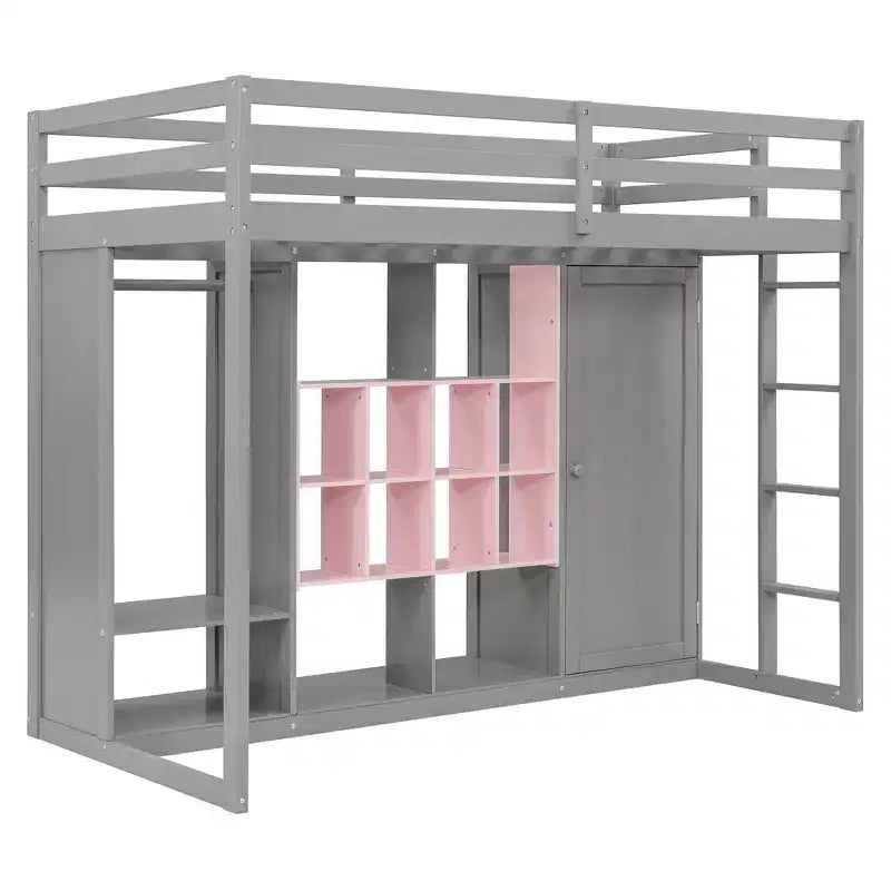 Kids Loft Bed with Wardrobe and Shelves, Wooden Loft Bed Frame with Storage Cabinet for Kids Teens