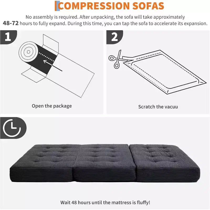 SunnyFurn 6 Inch Tri-Fold Mattress Sofa Bed, 75X54.3 Foam Folding Guest Bed with Tufted Corduroy, Portable for Camping, Living Room, Bedroom