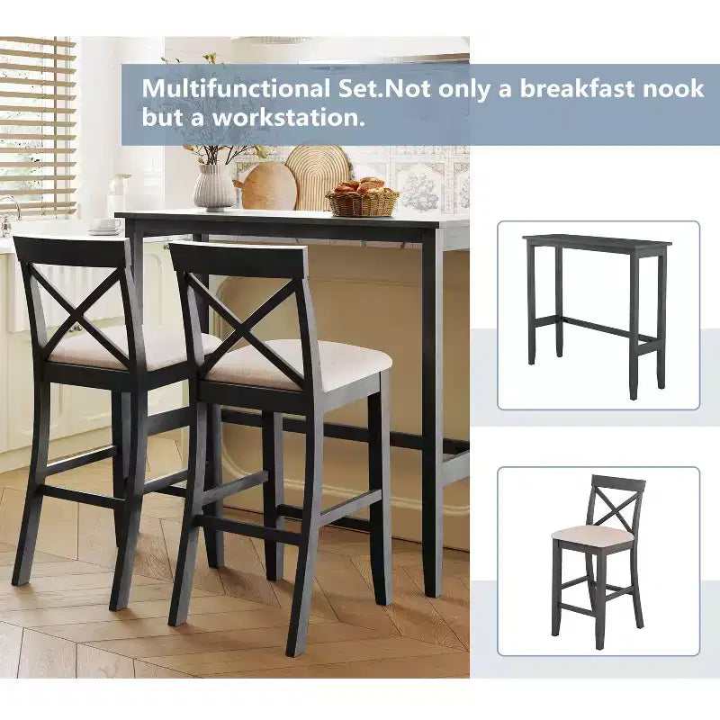 Farmhouse 47.5 Rectangular Wood Bar Height Dining Table Set, Kitchen Breakfast Nook with 2 Chairs for Small Places - ModernLuxe