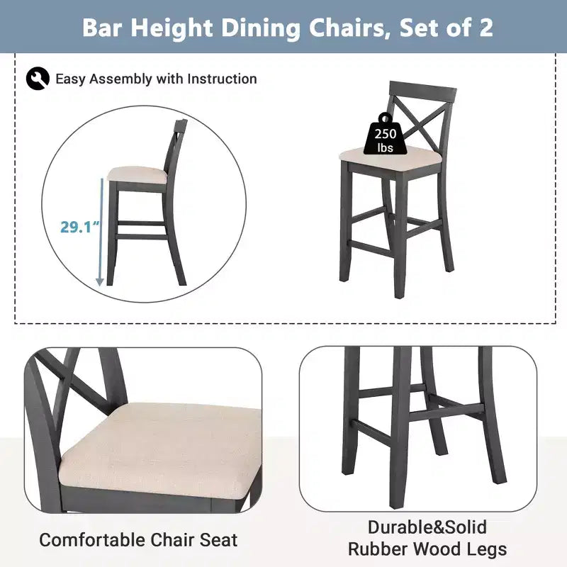 Farmhouse 47.5 Rectangular Wood Bar Height Dining Table Set, Kitchen Breakfast Nook with 2 Chairs for Small Places - ModernLuxe