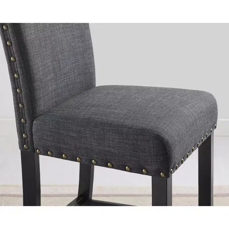 Biony Espresso Wood Counter Height Dining Set with Grey Fabric Nailhead Stools