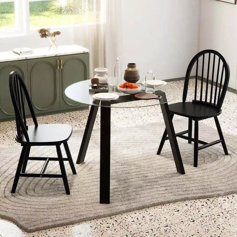 Costway 3 PCS Dining Set for 2 Round Table with 2 Chairs Solid Rubber Wood Frame Modern Black/Beige