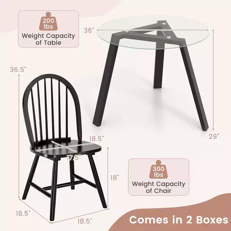 Costway 3 PCS Dining Set for 2 Round Table with 2 Chairs Solid Rubber Wood Frame Modern Black/Beige