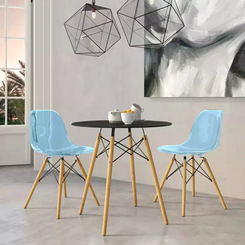 LeisureMod Dover 3-Piece Dining Set  Round Black MDF Bistro Table with 2 Plastic Chairs, Modern Kitchen, Dining Room, Small Space, Cafe Seating