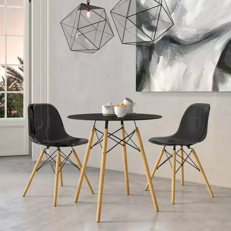 LeisureMod Dover 3-Piece Dining Set  Round Black MDF Bistro Table with 2 Plastic Chairs, Modern Kitchen, Dining Room, Small Space, Cafe Seating