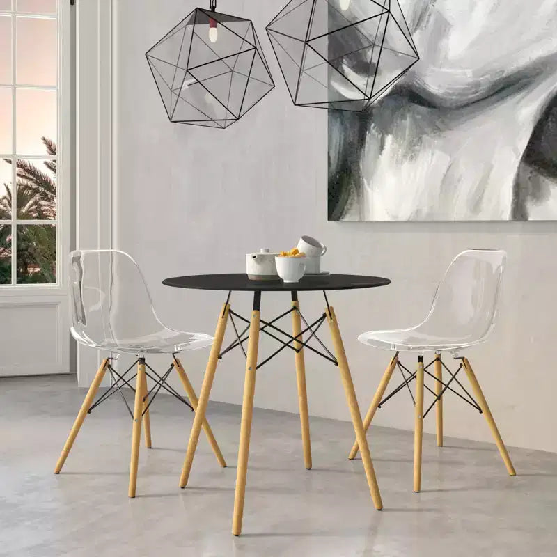 LeisureMod Dover 3-Piece Dining Set  Round Black MDF Bistro Table with 2 Plastic Chairs, Modern Kitchen, Dining Room, Small Space, Cafe Seating