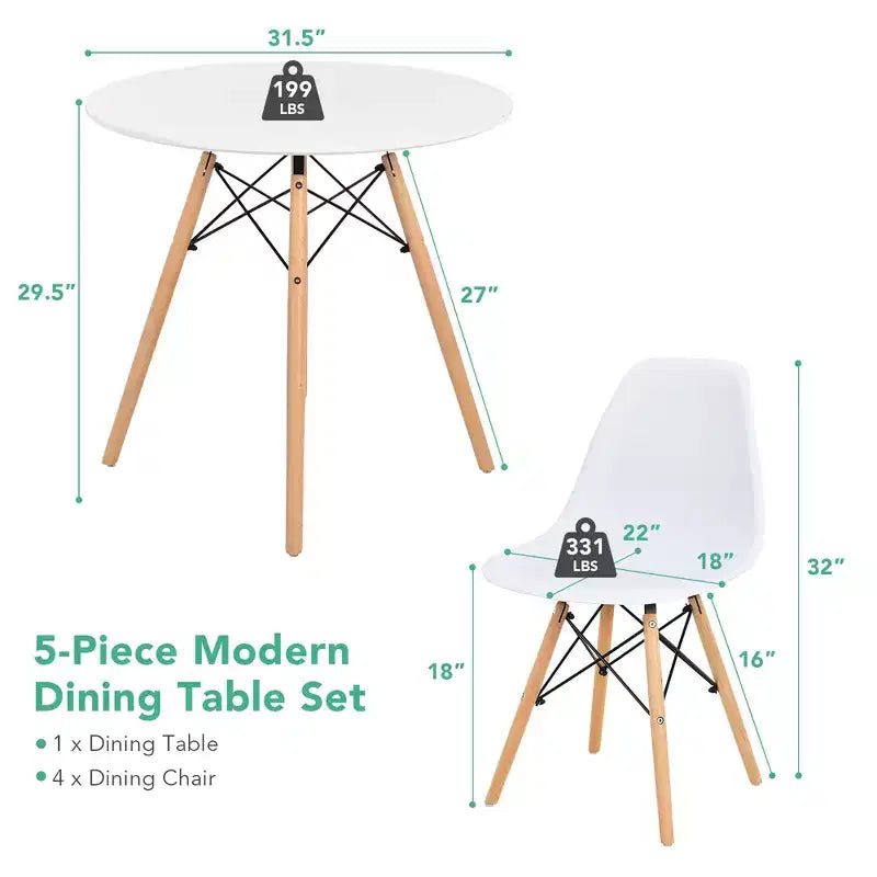 Costway Dining Table Set Modern 5 PCS For 4 Round Dining Room Table Set with Solid Wood Leg Black/Brown/White