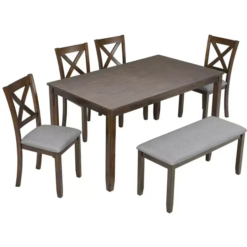 6-Piece Dining Set: Rectangular Wood Table, 4 Upholstered Chairs, Bench for Home Kitchen, Living Room, Bar