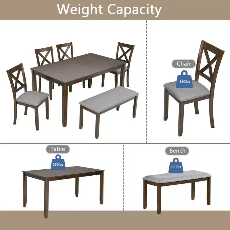 6-Piece Dining Set: Rectangular Wood Table, 4 Upholstered Chairs, Bench for Home Kitchen, Living Room, Bar