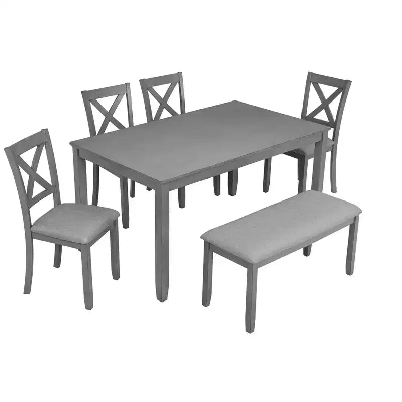 6-Piece Dining Set: Rectangular Wood Table, 4 Upholstered Chairs, Bench for Home Kitchen, Living Room, Bar