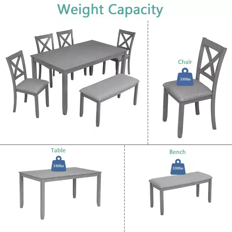 6-Piece Dining Set: Rectangular Wood Table, 4 Upholstered Chairs, Bench for Home Kitchen, Living Room, Bar