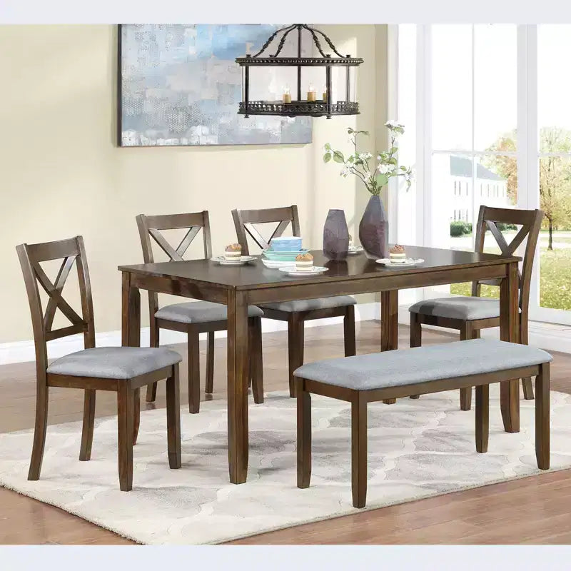 6-Piece Dining Set: Rectangular Wood Table, 4 Upholstered Chairs, Bench for Home Kitchen, Living Room, Bar