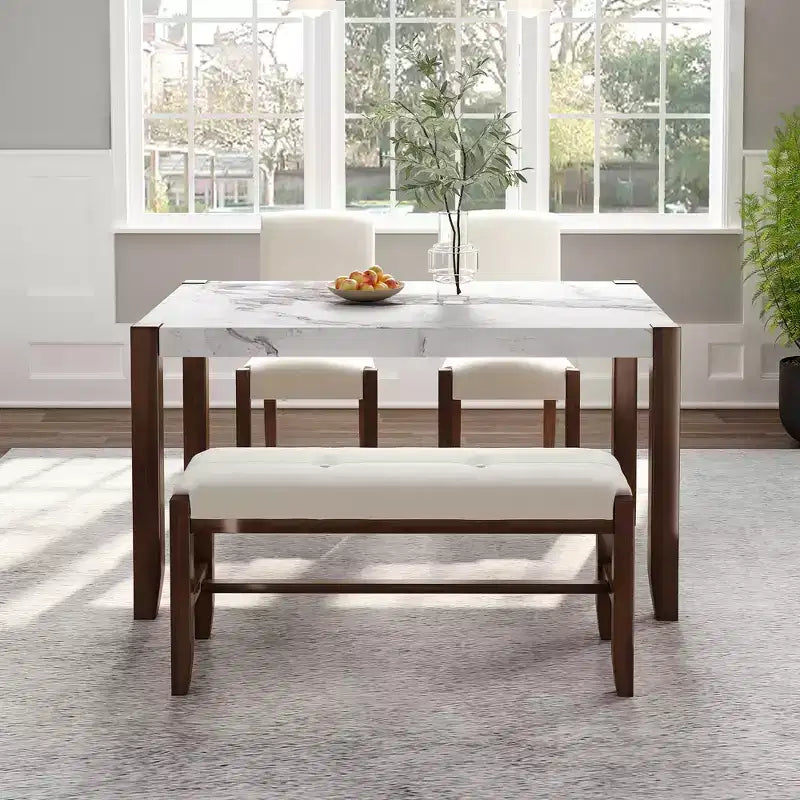 4-Piece/5 Piece Modern Dining Table Set Dining Set Space-Saving Dinette with Faux Marble Table, 2 Upholstered Chairs and Bench, White+Brown-ModernLuxe