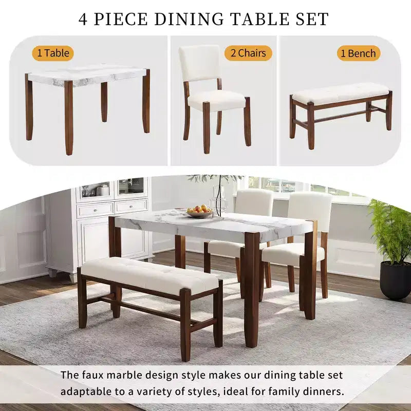4-Piece/5 Piece Modern Dining Table Set Dining Set Space-Saving Dinette with Faux Marble Table, 2 Upholstered Chairs and Bench, White+Brown-ModernLuxe