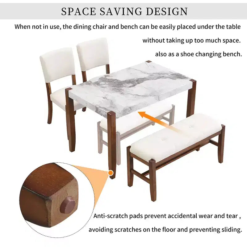 4-Piece/5 Piece Modern Dining Table Set Dining Set Space-Saving Dinette with Faux Marble Table, 2 Upholstered Chairs and Bench, White+Brown-ModernLuxe