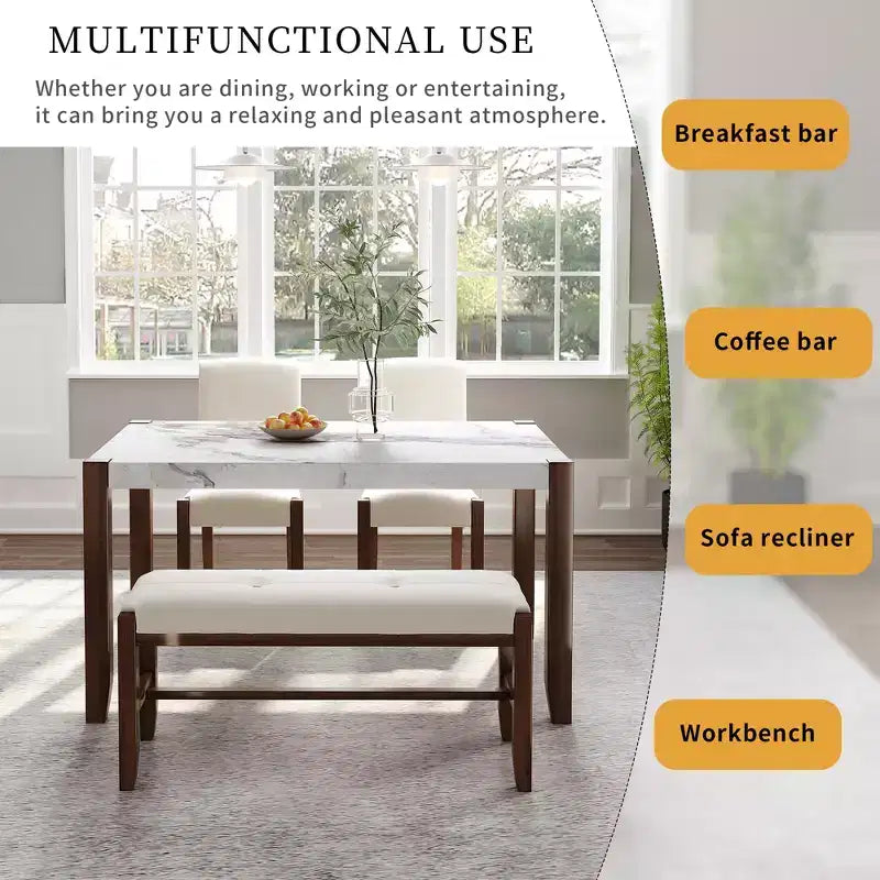 4-Piece/5 Piece Modern Dining Table Set Dining Set Space-Saving Dinette with Faux Marble Table, 2 Upholstered Chairs and Bench, White+Brown-ModernLuxe