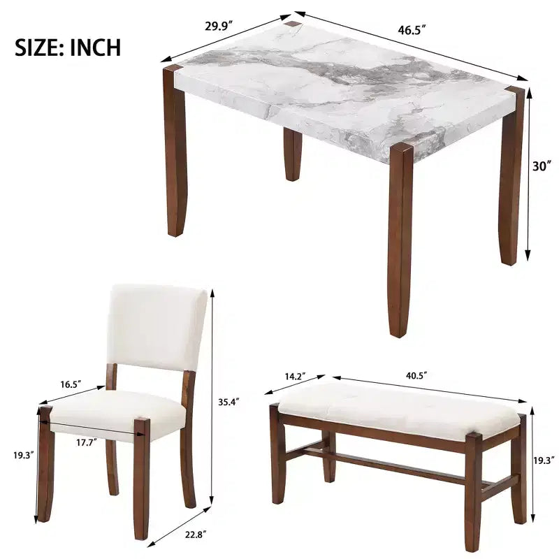 4-Piece/5 Piece Modern Dining Table Set Dining Set Space-Saving Dinette with Faux Marble Table, 2 Upholstered Chairs and Bench, White+Brown-ModernLuxe