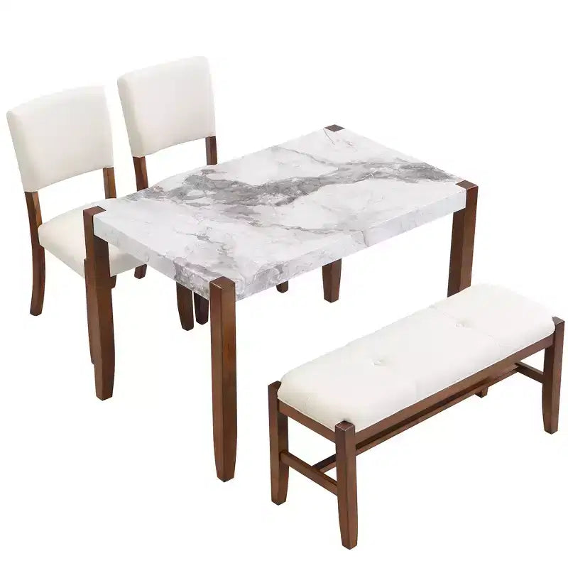4-Piece/5 Piece Modern Dining Table Set Dining Set Space-Saving Dinette with Faux Marble Table, 2 Upholstered Chairs and Bench, White+Brown-ModernLuxe