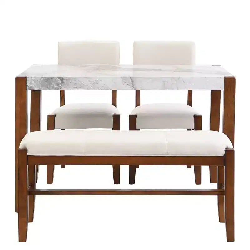 4-Piece/5 Piece Modern Dining Table Set Dining Set Space-Saving Dinette with Faux Marble Table, 2 Upholstered Chairs and Bench, White+Brown-ModernLuxe