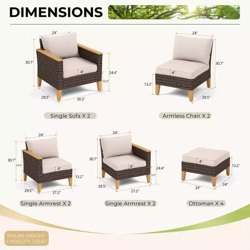 Captiva Designs 12pc Wicker Outdoor Patio Rattan Sectional Conversation Set with Cushioned Ottoman