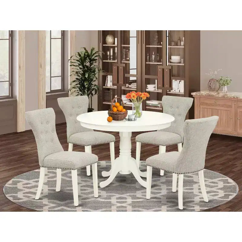 HomeStock 5 Piece Round Pedestal Dining Set Linen White Doeskin