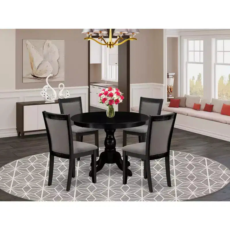 HomeStock Round Pedestal Dinette Set Wirebrushed Black Linen Fabric Chairs