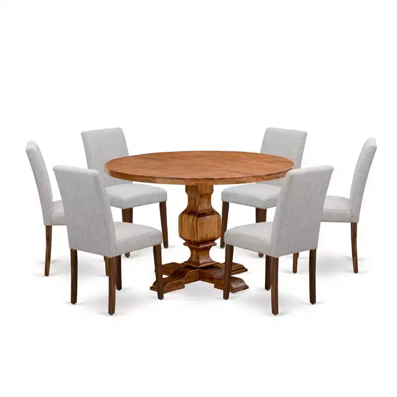 HomeStock 7 Piece Antique Walnut Round Pedestal Dining Set with 6 Linen Parson Chairs