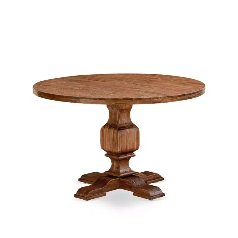 HomeStock 7 Piece Antique Walnut Round Pedestal Dining Set with 6 Linen Parson Chairs