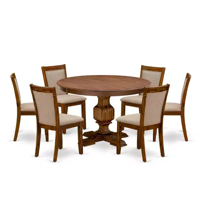 HomeStock Modern Round Dining Table Set Walnut Linen Chairs