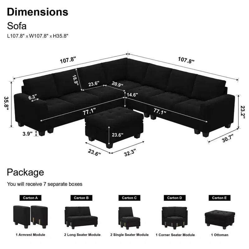 Belffin Modular Velvet Tufted L Shaped Sofa Couch with Storage Ottoman 6-Seater