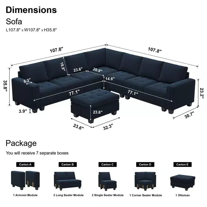 Belffin Modular Velvet Tufted L Shaped Sofa Couch with Storage Ottoman 6-Seater