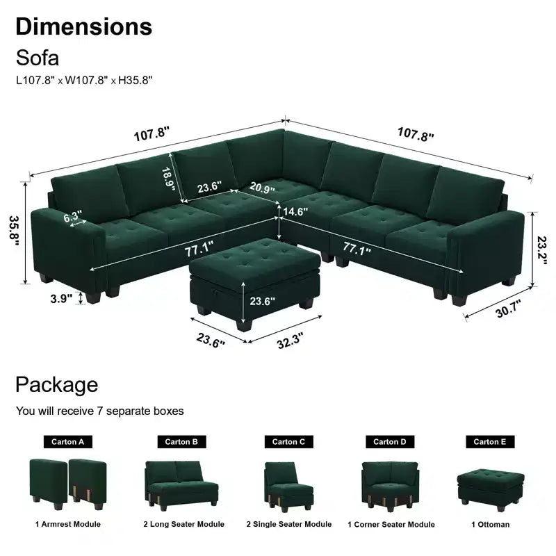 Belffin Modular Velvet Tufted L Shaped Sofa Couch with Storage Ottoman 6-Seater