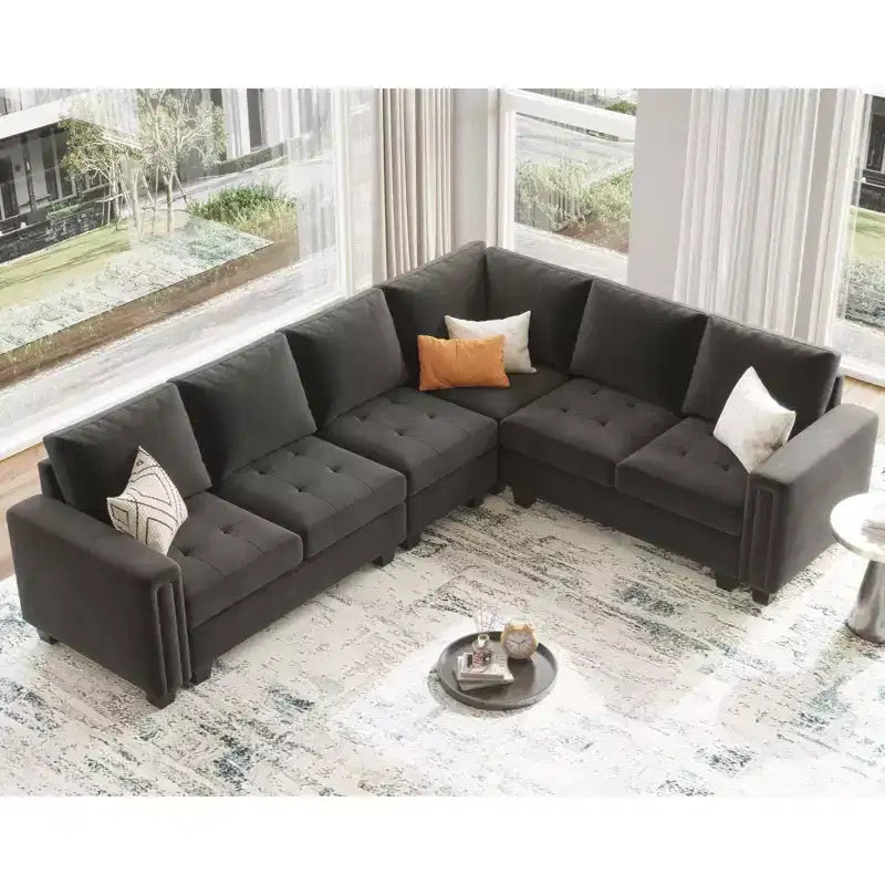 Belffin Modular Velvet Tufted L Shaped Sofa Couch with Storage Ottoman 6-Seater