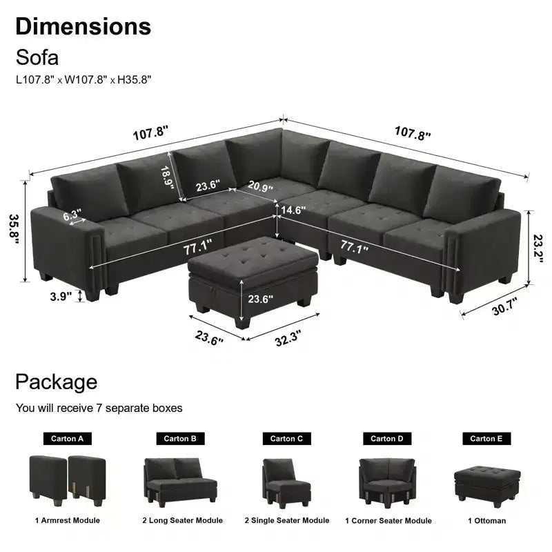 Belffin Modular Velvet Tufted L Shaped Sofa Couch with Storage Ottoman 6-Seater