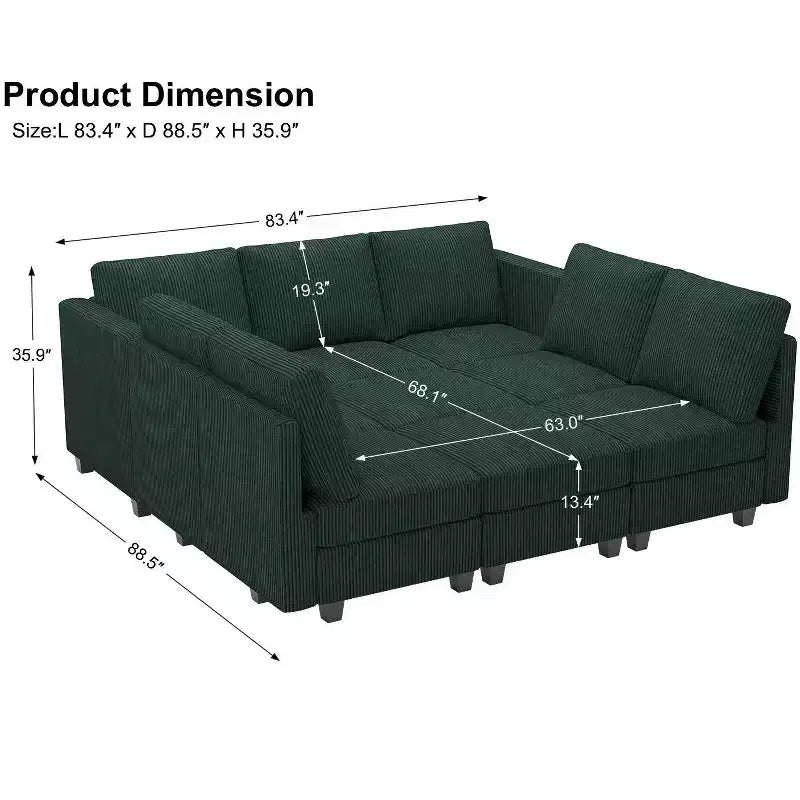 Belffin Corduroy Modular Sectional Sleeper Sofa 9 Seat Convertible with Storage Ottomans Modular Sectional Couch Bed for Living Room
