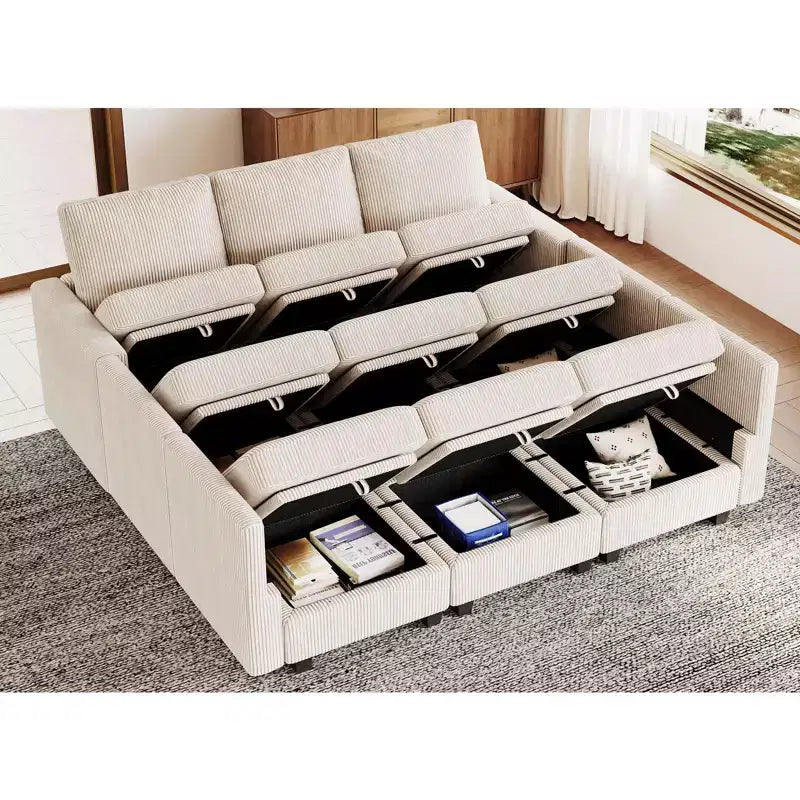 Belffin Corduroy Modular Sectional Sleeper Sofa 9 Seat Convertible with Storage Ottomans Modular Sectional Couch Bed for Living Room
