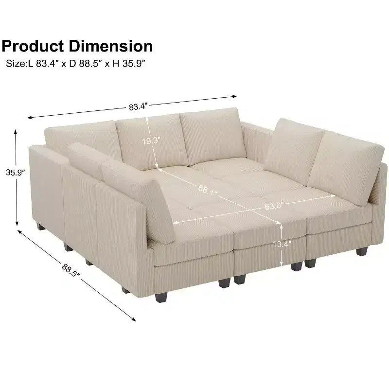 Belffin Corduroy Modular Sectional Sleeper Sofa 9 Seat Convertible with Storage Ottomans Modular Sectional Couch Bed for Living Room
