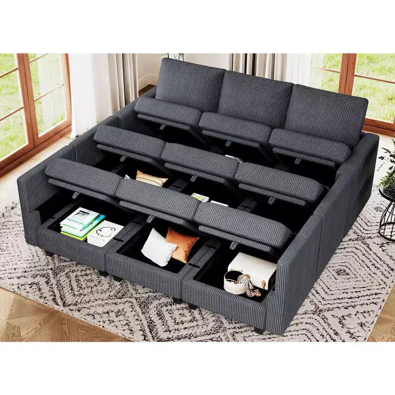 Belffin Corduroy Modular Sectional Sleeper Sofa 9 Seat Convertible with Storage Ottomans Modular Sectional Couch Bed for Living Room