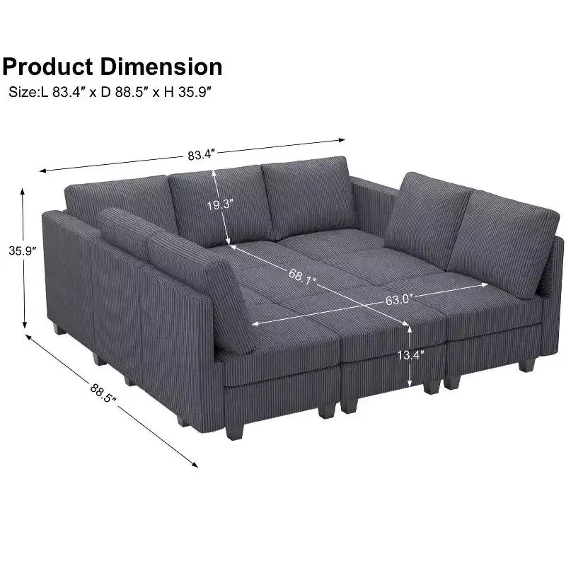 Belffin Corduroy Modular Sectional Sleeper Sofa 9 Seat Convertible with Storage Ottomans Modular Sectional Couch Bed for Living Room