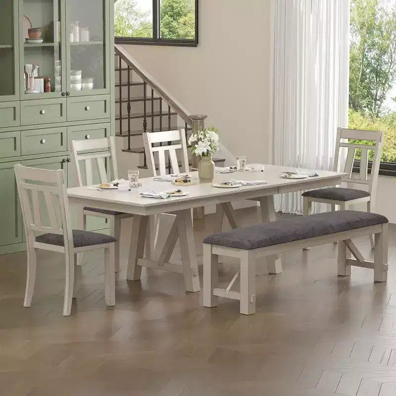 VECELO Rustic 6-Piece Extendable Dining Table Set, Rubber Wood Table with 4 Armless Upholstered Dining Chairs and Bench for Kitchen, Gray