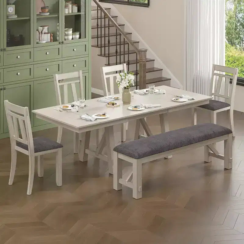 VECELO Rustic 6-Piece Extendable Dining Table Set, Rubber Wood Table with 4 Armless Upholstered Dining Chairs and Bench for Kitchen, Gray