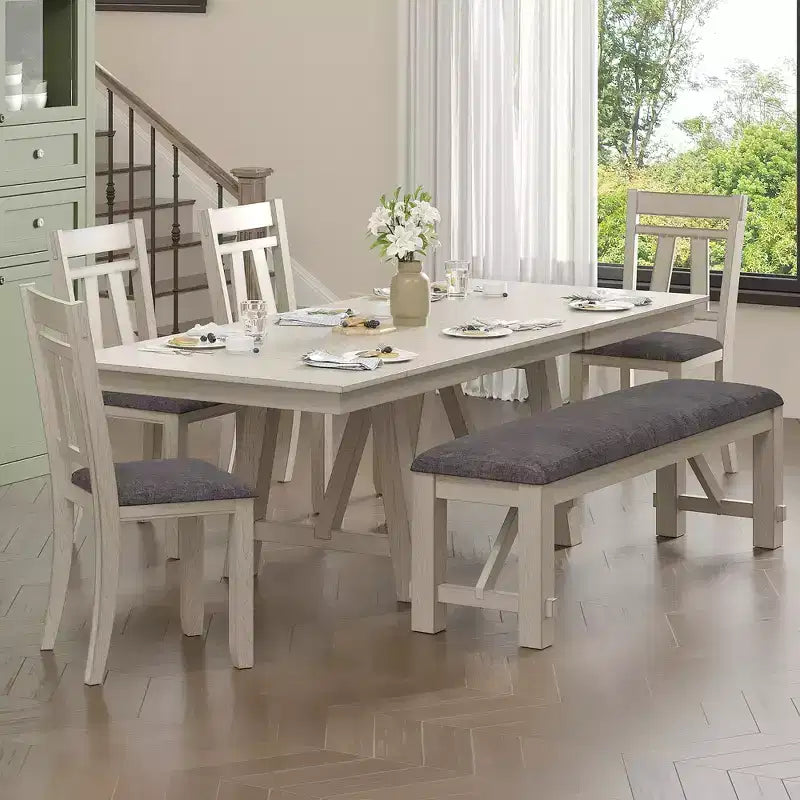 VECELO Rustic 6-Piece Extendable Dining Table Set, Rubber Wood Table with 4 Armless Upholstered Dining Chairs and Bench for Kitchen, Gray