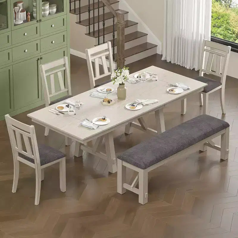 VECELO Rustic 6-Piece Extendable Dining Table Set, Rubber Wood Table with 4 Armless Upholstered Dining Chairs and Bench for Kitchen, Gray