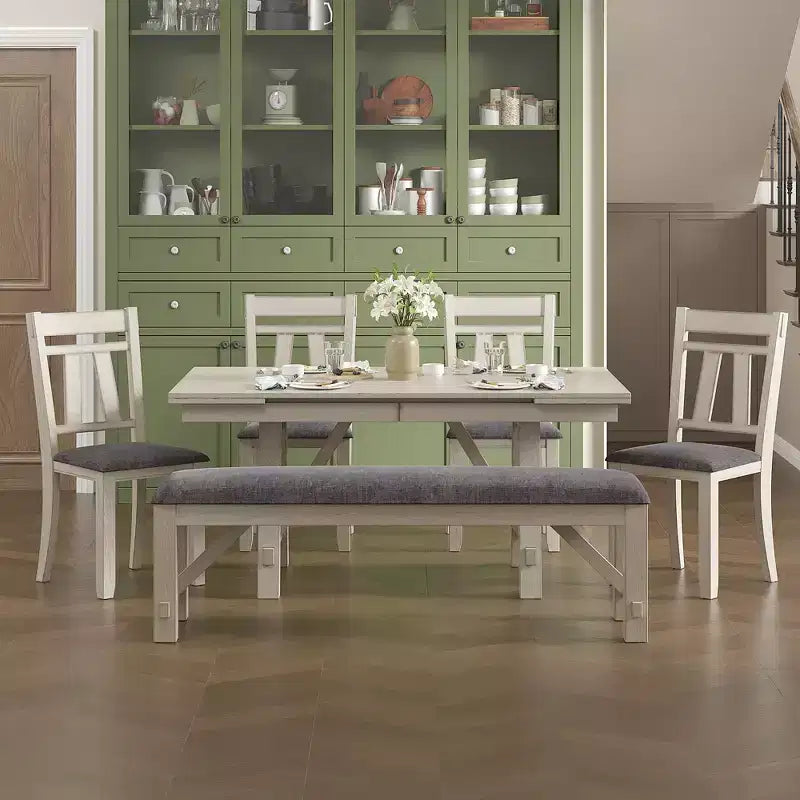 VECELO Rustic 6-Piece Extendable Dining Table Set, Rubber Wood Table with 4 Armless Upholstered Dining Chairs and Bench for Kitchen, Gray