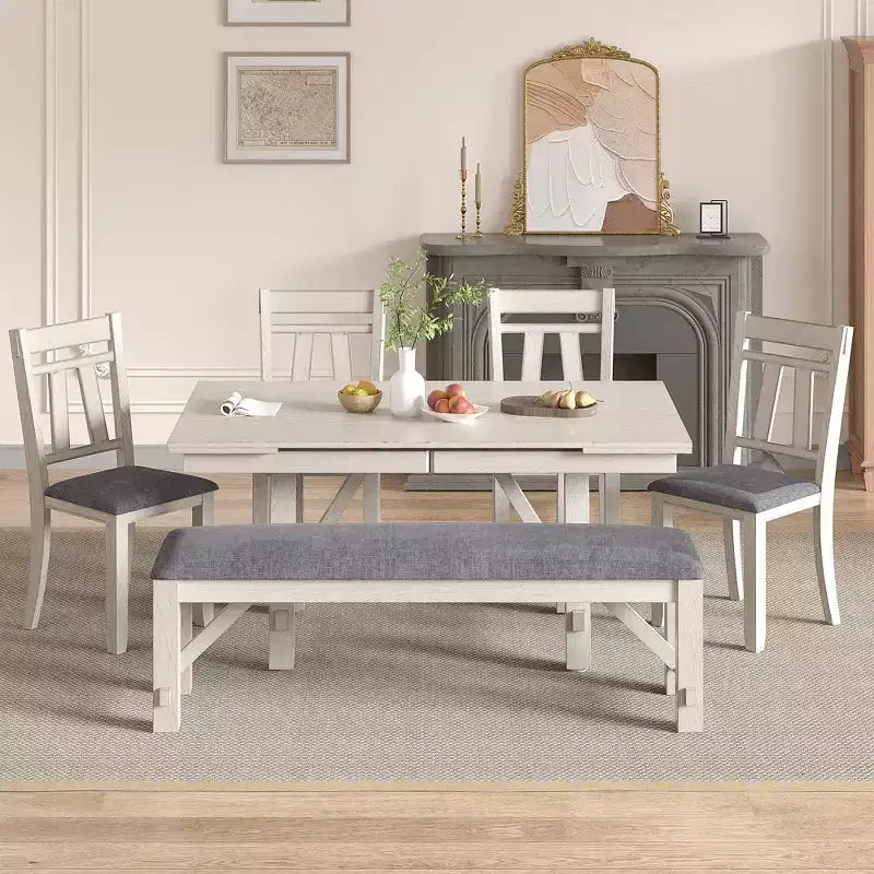 VECELO Rustic 6-Piece Extendable Dining Table Set, Rubber Wood Table with 4 Armless Upholstered Dining Chairs and Bench for Kitchen, Gray