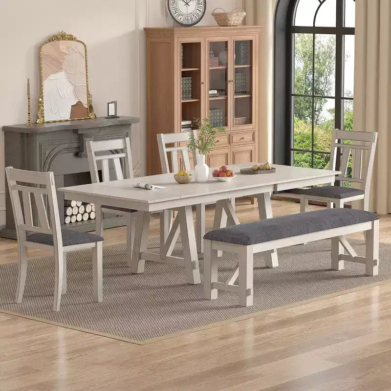 VECELO Rustic 6-Piece Extendable Dining Table Set, Rubber Wood Table with 4 Armless Upholstered Dining Chairs and Bench for Kitchen, Gray