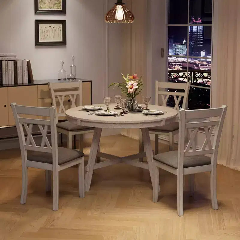 VECELO Rustic Dining Table Set, Rubber Wood Round Table and Upholstered Dining Chairs for Kitchen, Gray